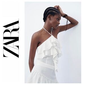 NWT Zara Ruffled Halter Neck Bodysuit in White, Size Small